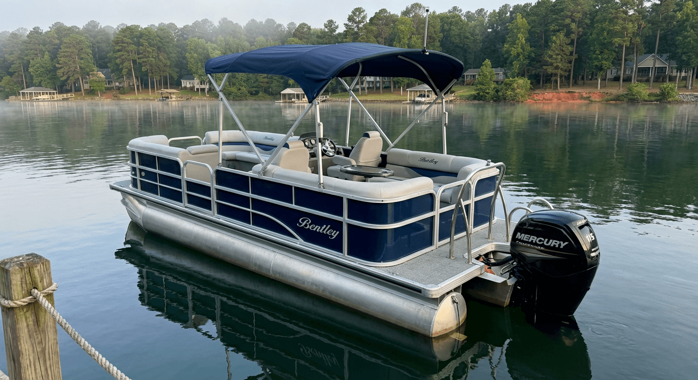 Bentley 220 Cruise SE pontoon on Lake Murray at golden hour