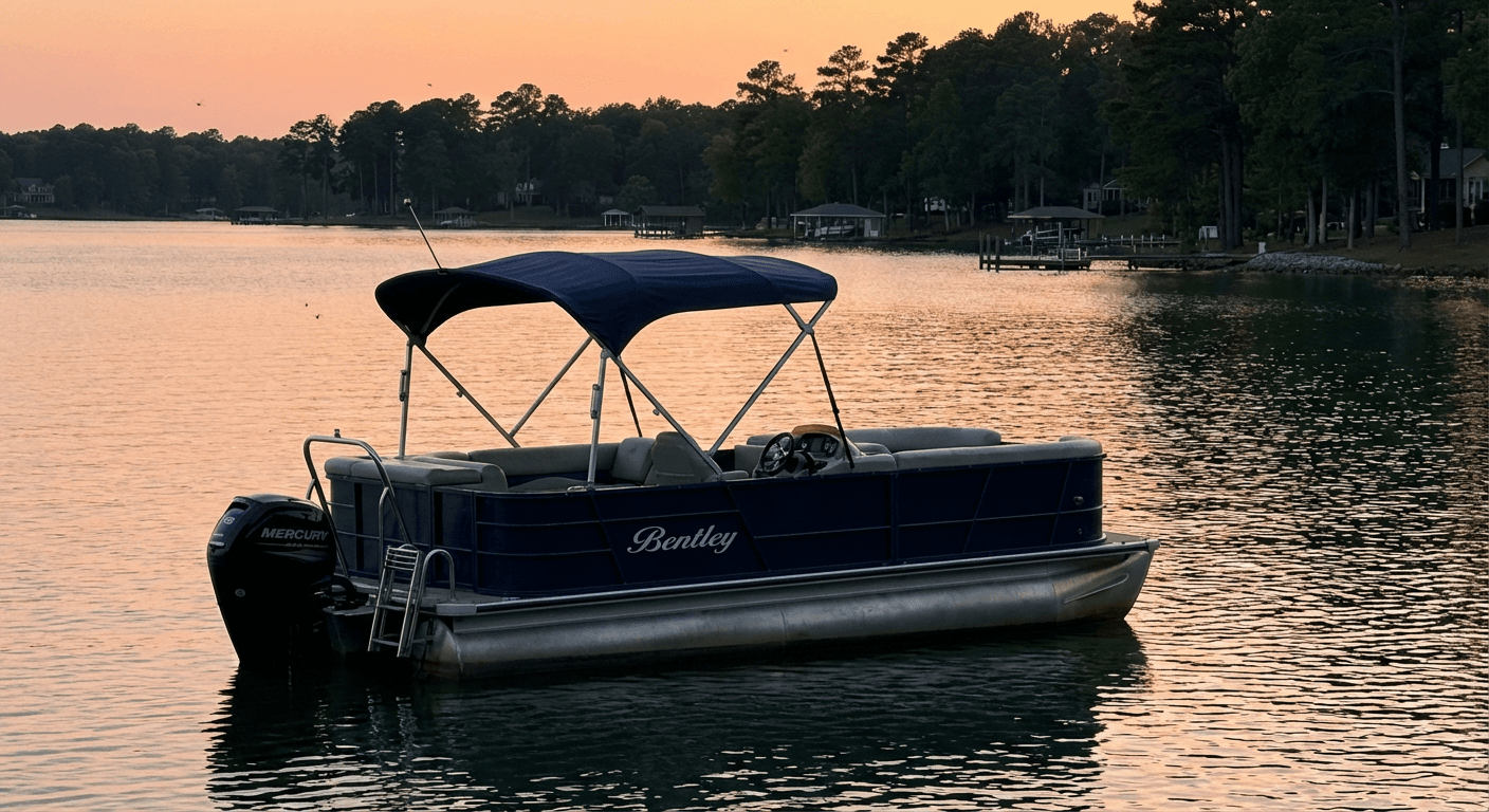Pontoon boat at sunset on Lake Murray