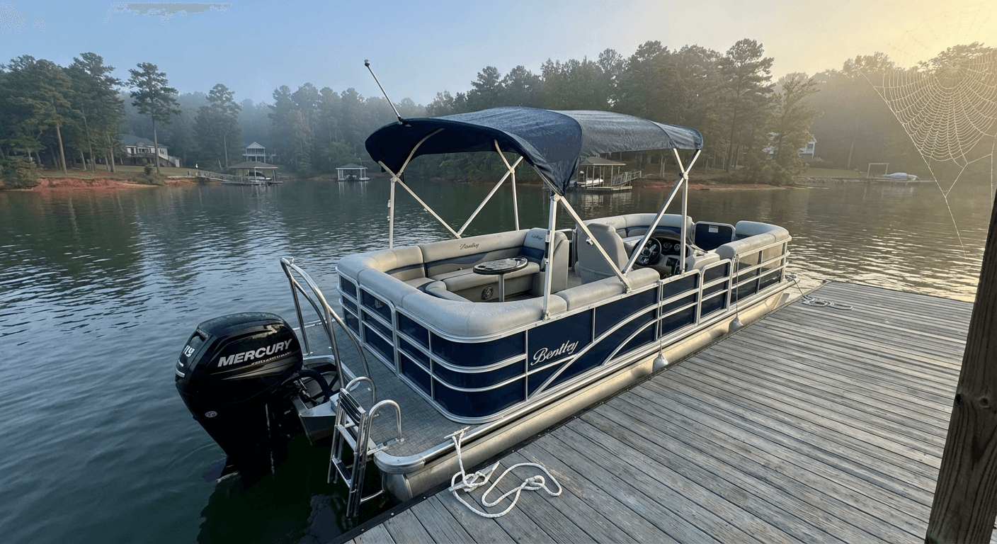 Pontoon docked on a misty morning at Lake Murray